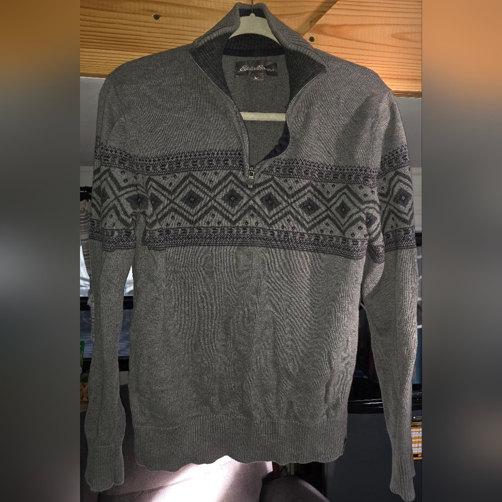 Eddie Bauer Quarter-zip Pullover Sweater w/cadet collar Mens Size S Gray w/Navy